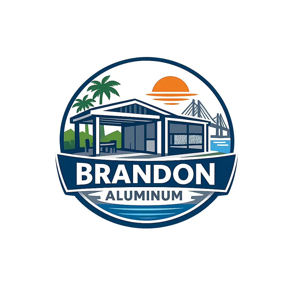 Brandon Aluminum company logo featuring outdoor aluminum structures and Florida-inspired design elements
